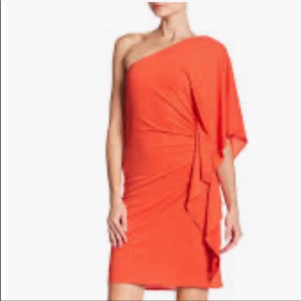Trina Turk cherry red orange one shoulder draped ruched dress